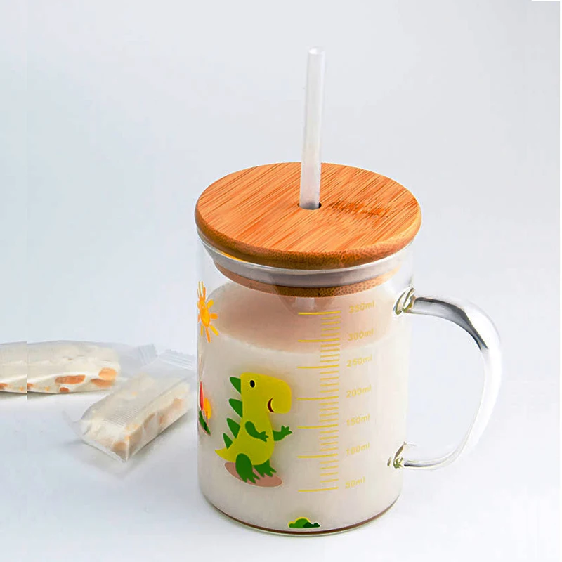 350ml Cartoon Straw Mug Glass Scale Cup Children's Milk Breakfast Mugs with Handle Lid Cute dinosaur cold drink glass - купить по