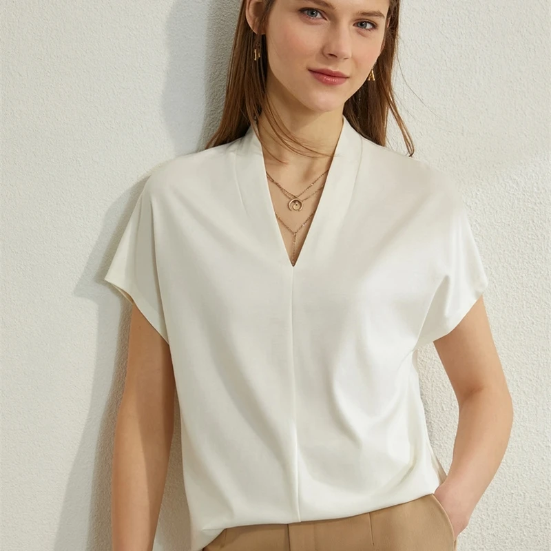 

Summer Chiffon Spring Solid Vneck Loose Women Blouse Causal Daily Short Sleeves Female Blouse
