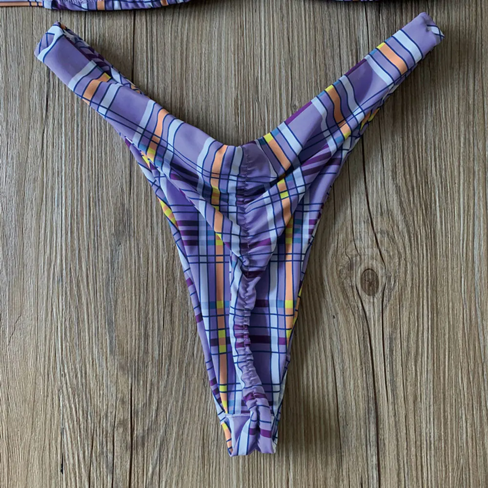 

WTCandy 2021 New Purple Plaid Sexy Thong Bikini Brazil Beach Biquini Pleated Micro Swimsuit Women Mini Swimwear May Bathing Suit