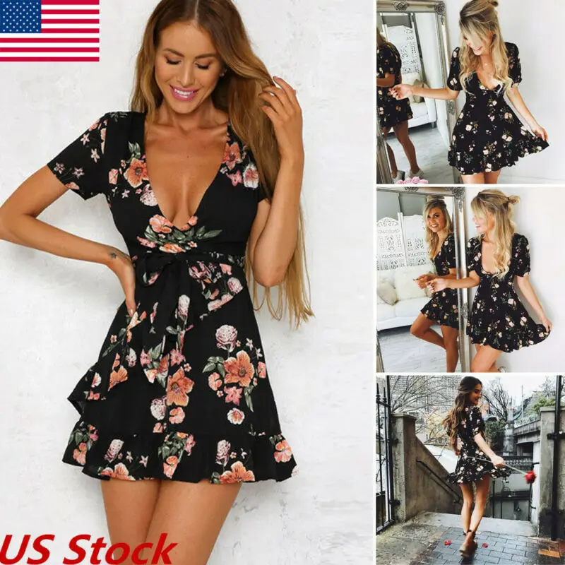 Женский короткий сарафан с цветочным принтом и V образным вырезом|Женские платья|