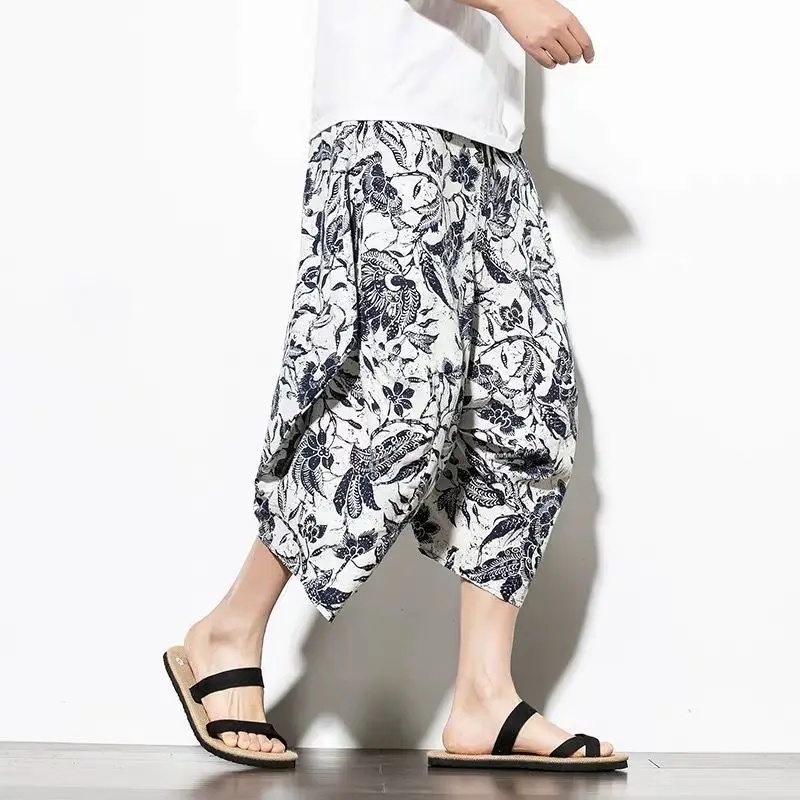 

men pant Large size Chinese style linen shorts male hip-hop casual pants bloomers loose cropped wide-leg harem beach pants tide
