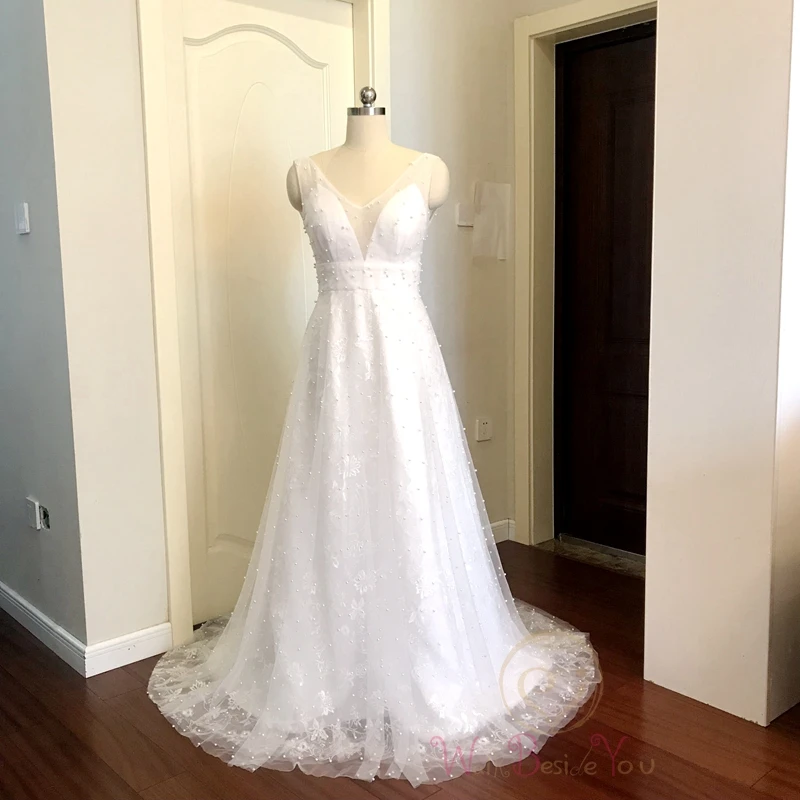 Boho Wedding Dresses Beach A Line Pearl Lace V Neck Lace Simple Bride Gown Sleeveless Walk Beside You abiti sposa