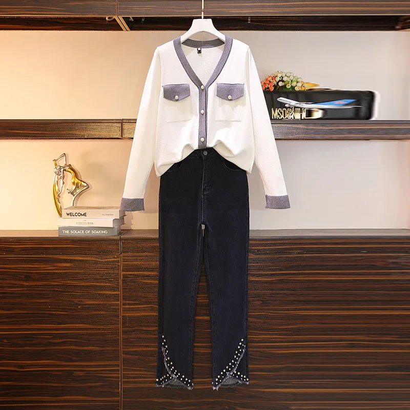 

Casual Jeans Suit Women Denim Two Pieces Set Long Sleeve Knitted Top&long Pants Slim Tracksuit Outfits 2021 Spring Autumn Cloth
