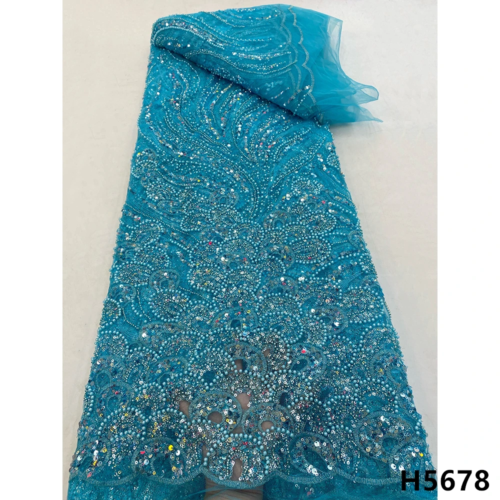 

Luxury Handmade Beads Tulle Lace Fabric African Lace High Qaulity 2021 Embroidrerd Nigerian Lace 5 yards For Bridal Dress