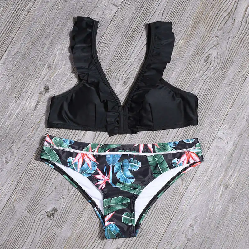 

2021 Sexy Ruffle Bikinis Women Plant Print Swimwear Low Waist Bikini Set Backless Bathing Suit Summer Beachwear Female Biqiuni