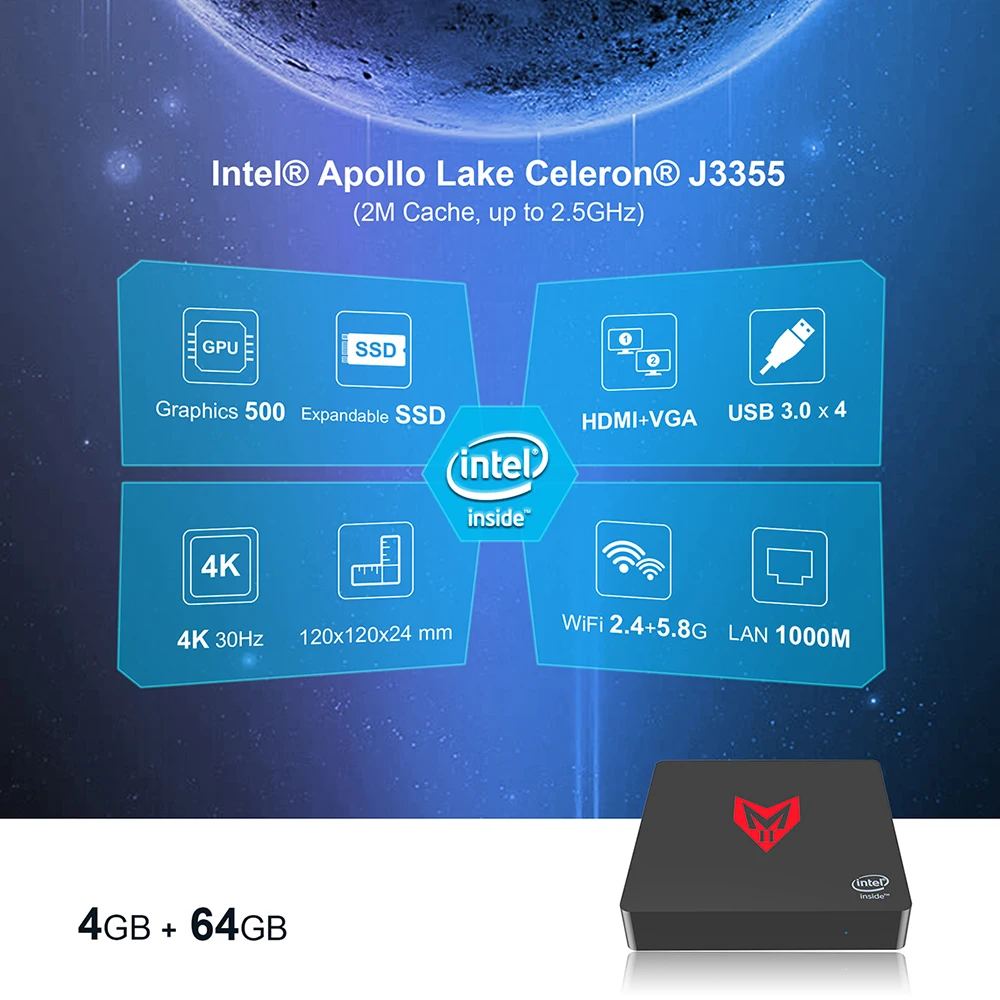 Новейший MII-V Мини ПК Intel Apollo Lake J3355 Win 10 RAM 4 Гб ROM 64 медиаплеер HD1.4b BT 0 Smart TV Box |