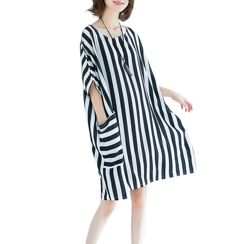 #3217 черно-белое платье в полоску женское свободное повседневное шифоновое летние