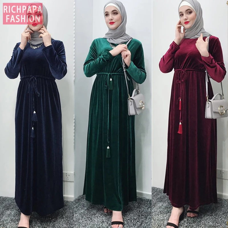 Бархатная Абая Женская кафтан халат Дубай мусульманский хиджаб платье Турция