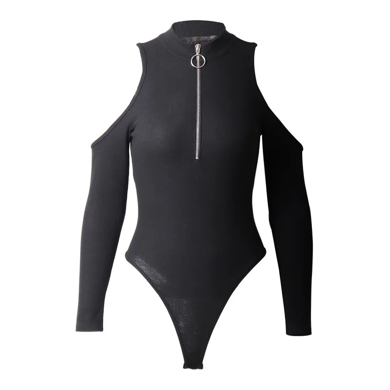 

FORERUN Turtleneck Bodysuit Women Long Sleeve Cottton Ribbed Bodysuits Black Cold Shoulder Winter Jumpsuit Streetwear Bodys