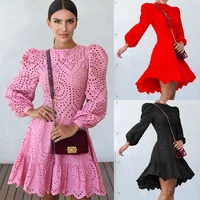 wywmy 2021 autumn women pink black lace dress solid color puff long sleeve slim waist mini short dress elegant dresses for women