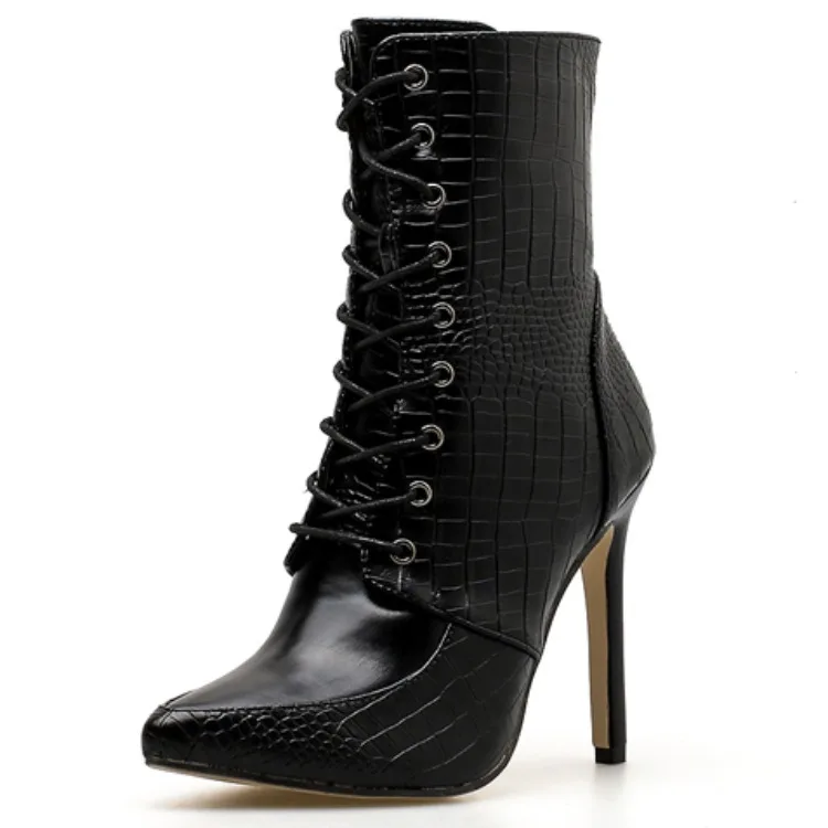 

Za 2021 Korean new large women's boots fashion snake pattern versatile front lace up sexy pointed women's boots Knight's Boots