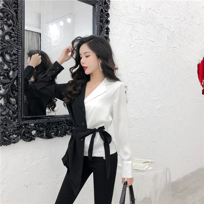 

Korean 2020 Summer Vintage Women Tops Contrast Blouses Black White Patchwork Shirt Elegant Office Lady Top Chic Blusas