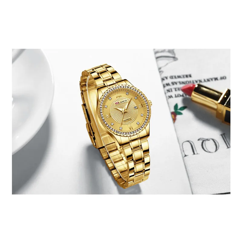 Diamond Quartz Couple Watches Men Women Double Calendar Week Stainless Steel Strap Wrist Watch Business Clock Reloj Hombre Gift