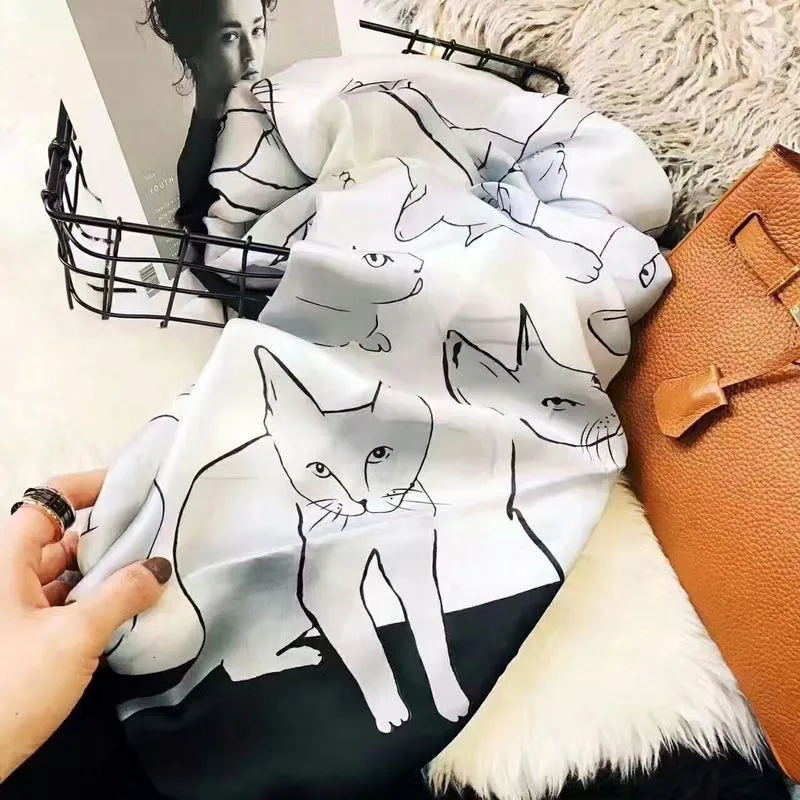 2019 женский шарф модный мягкий принт с милой кошкой шелковые шарфы длинный платок