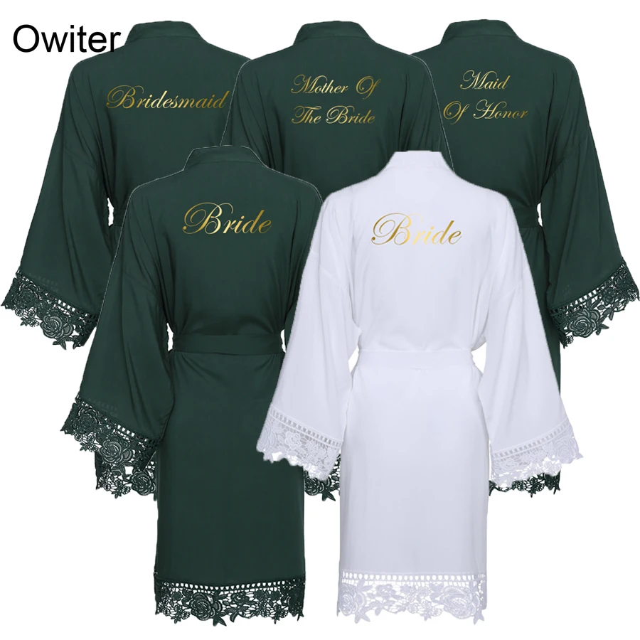 Owiter 2019 New Dark Green Cotton Kimono Bride Bridesmaid Robes w/ Lace Trim Women Wedding Bridal Robe Bathrobe Sleepwear White