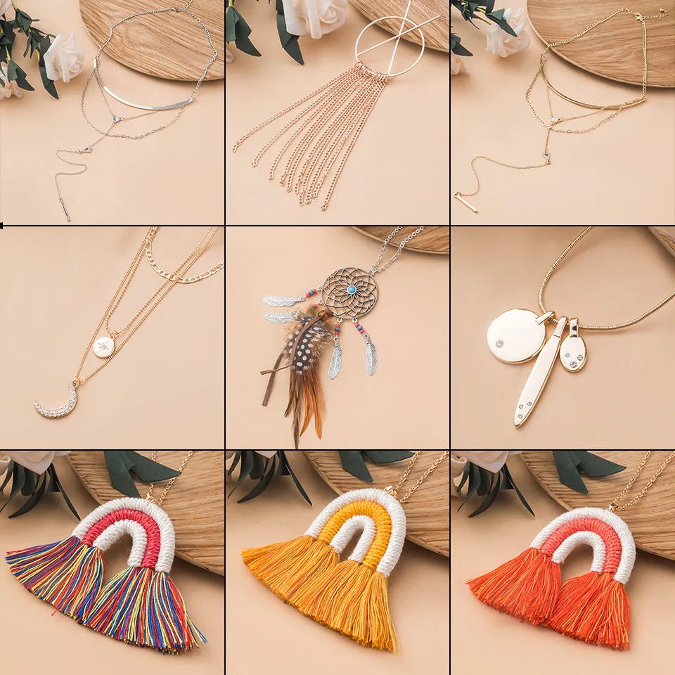 

Fashion Multilayer Pendant Geometric Necklace for Women Chic Rainbow Tassel Natural Feather Charm Choker Necklaces Boho Jewelry