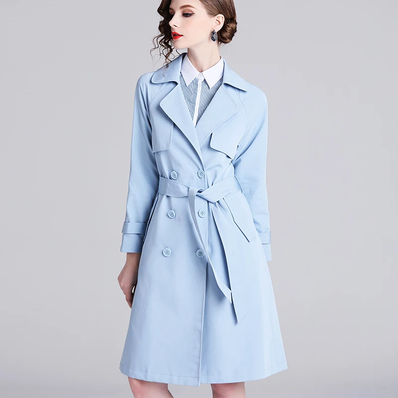 

Spring/Autumn Women's Windbreaker Trench Coat Mid-Length Elegant Blue Long Sleeve Lace-up Waist Slim Top for Women