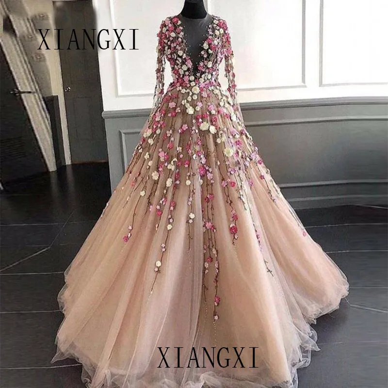 

платье женское вечернее robes De soirée Champagne dentelle arabe Abendkleider robe De soirée 2020 avec des fleurs 3D Vestidos