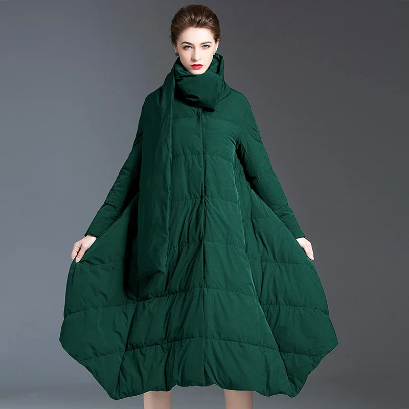 Design Scarf Detachable Thickened Women's Down Jacket Irregular Asymmetric Women Coats and Jackets Winter Warm Covered Button