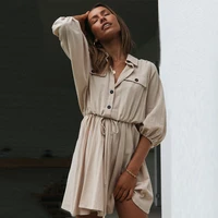 ardm casual solid loose v neck with button one piece sleeve dresses for women 2021 lantern sleeve drawstring female mini dress