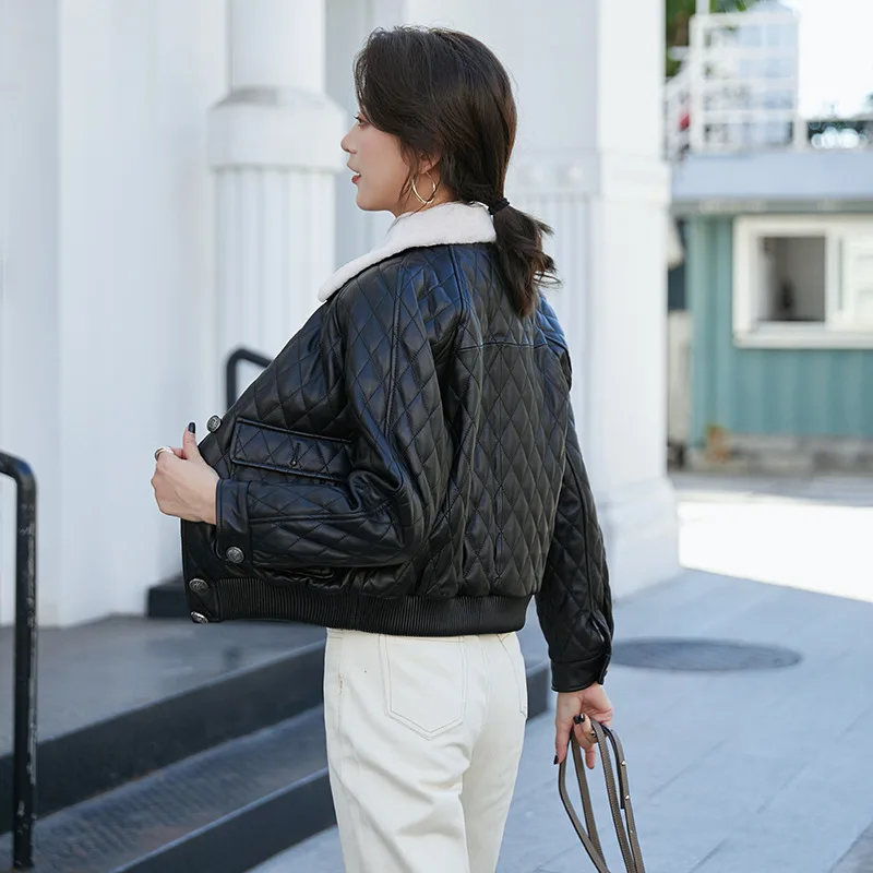 Spring Black Printed New Leather Formal Coat Autumn Women Wool Collar Short Jacket Cotton Lining