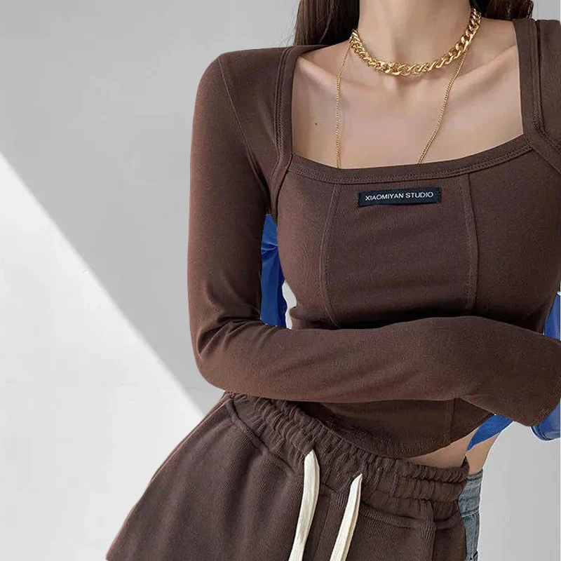 American Style Brown Cropped Top Women Fashion Skinny Sexy Long Sleeve T Shirts Female Casual Square Neck Tees