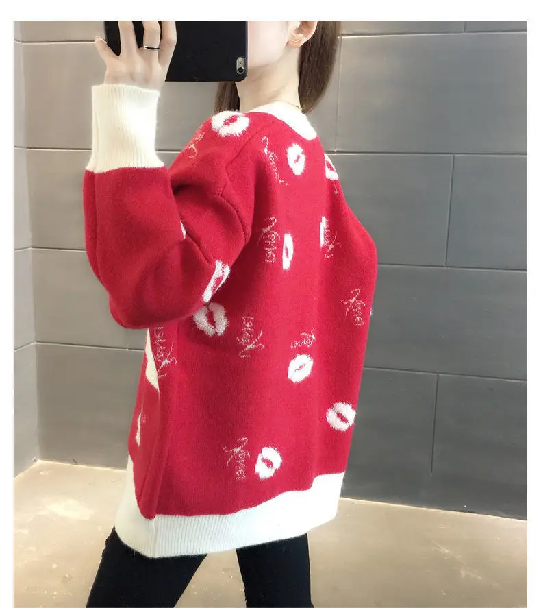 

Cardigan Sweater Women 2021 New Korean Version Spring And Autumn V-Neck Long-Sleeved Printed Pocket Loose Knit Jacket T181
