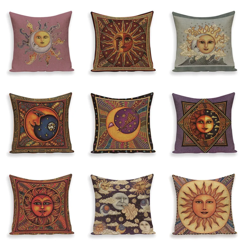 

Creative Ancient Egyptian mural offbeat classical sun god moon god retro throw pillow case flax pillow