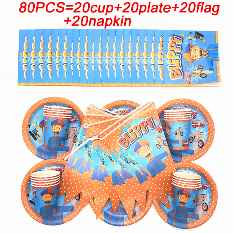 

High Quality Blippi Party Supplies Set Disposable Plate/Napkin/Cup Kids Happy Birthday Gift bags Wedding Party Supplies Set 80PC