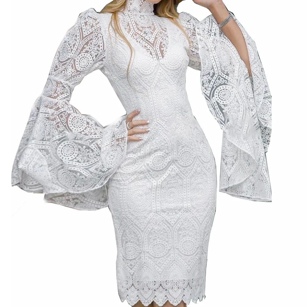Vestido ceñido de encaje con manga acampanada para mujer, ropa elegante de fiesta de noche, primavera y verano, 2021