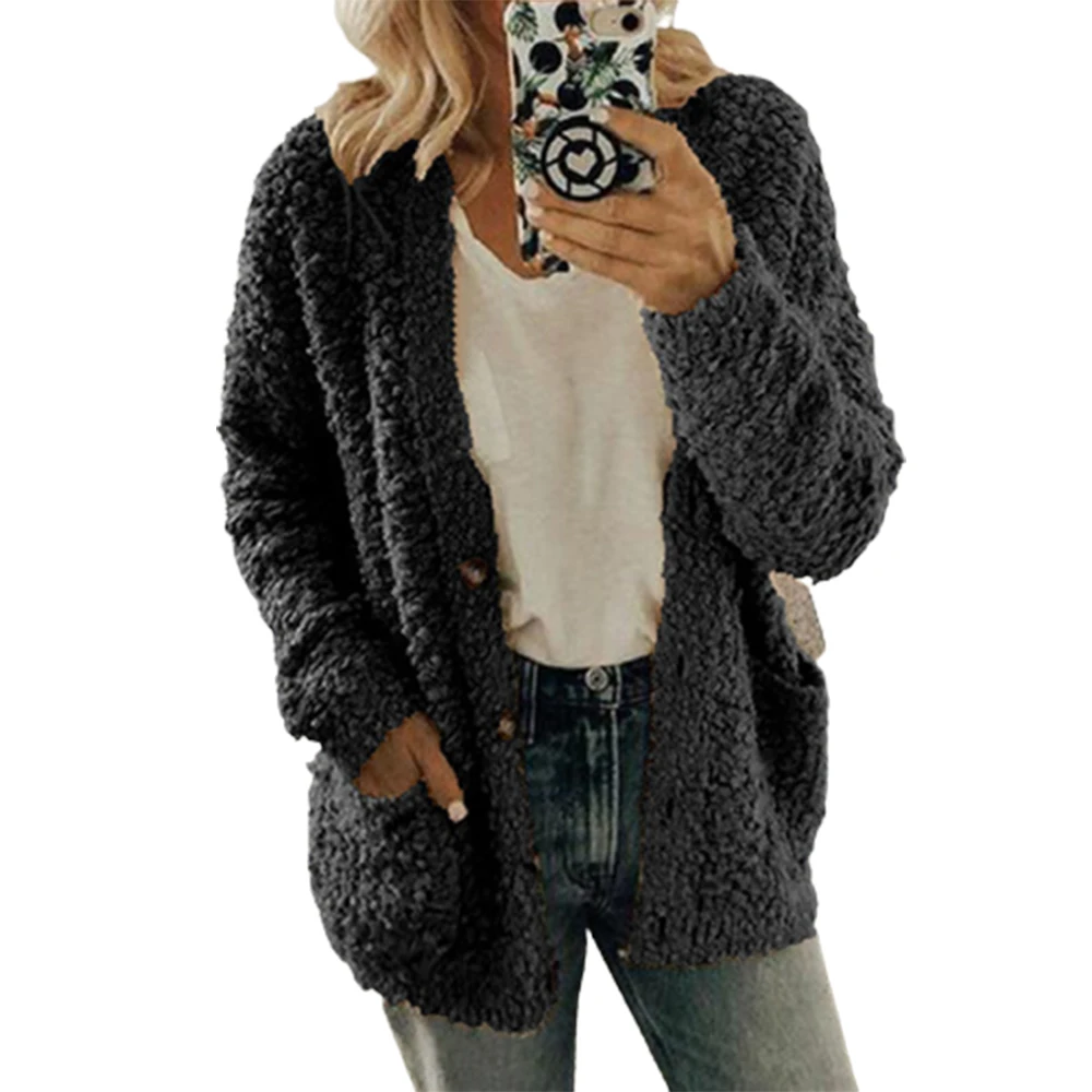 

Winter Women's Woolen Fleece Jacket Plus Size Tops Thick Windproof Ladies Jacket Loose Casual Streetwear Button Pocket Outwear