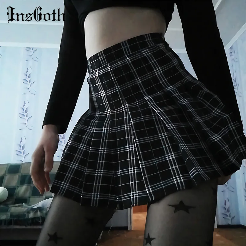 InsGoth Harajuku мини юбки с высокой талией женские готические панк клетчатые