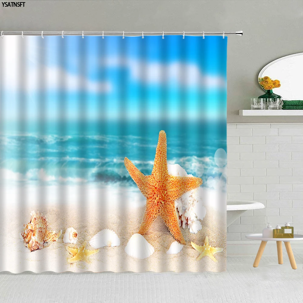 

Занавеска для душа с морским пейзажем, морскими звездами, ракушками, волнами, искусственными окнами, цветочной чашкой, занавеска для ванной ...
