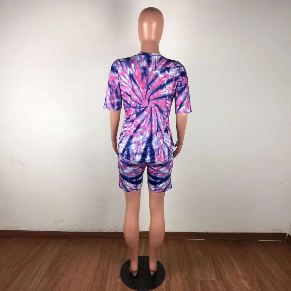 

2021 Plus Size Two Piece Set Women's Summer Suit Tie Dyeing Print Loose Long T-Shirt And Skinny Short Lounge Wear Club Outfits