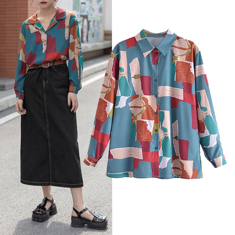 

WESAY JESI 2021 Spring Vintage Long Sleeve Blouse Shirt Notched Collar Ladies Shirts Patchwork Loose Button Up Female Clothing
