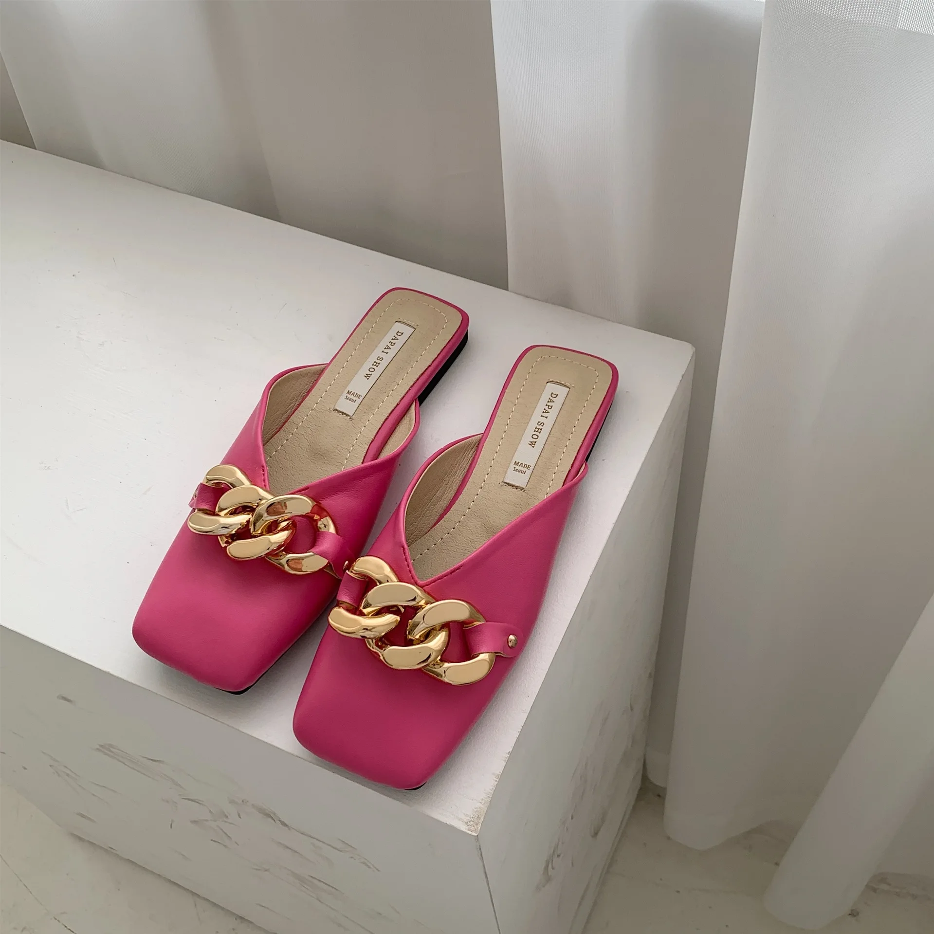 

Shoes Ladies' Slippers Square Toe Mules For Women 2021 Low Loafers Rivet Pantofle Cover New Fabric Slides Metal Decoration PU Ru