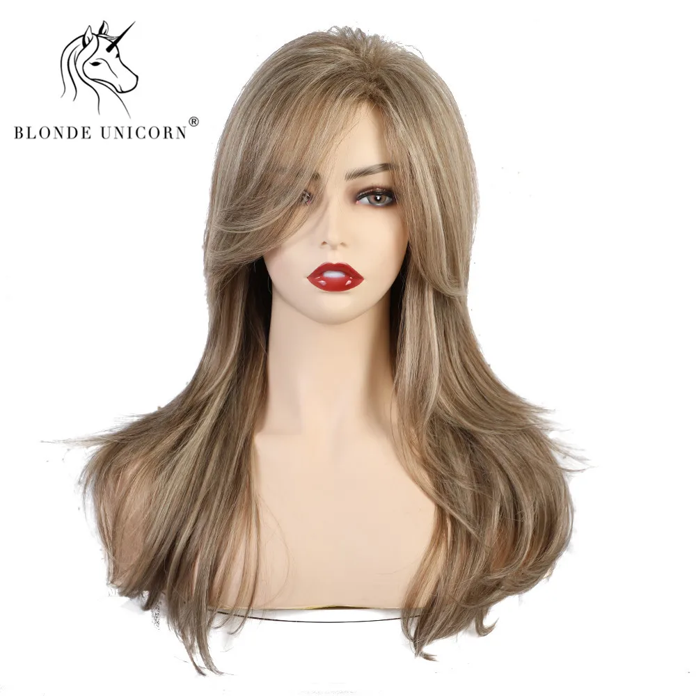 Длинный синтетический парик с волнистым единорогом боковой бахромой смешанный