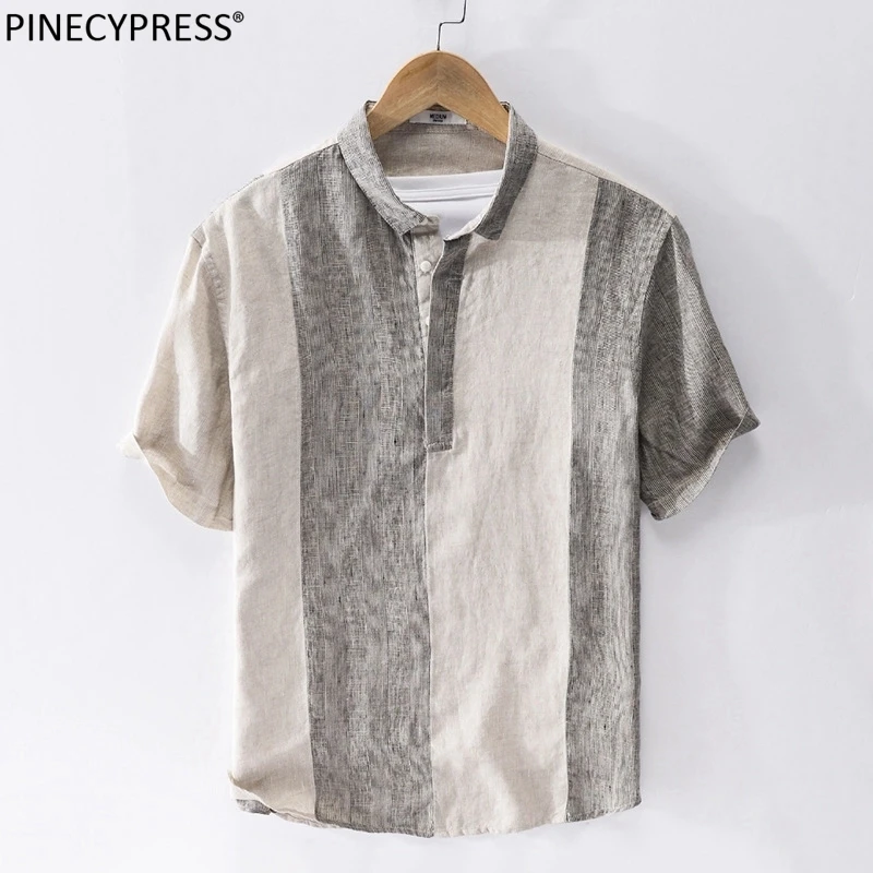

100% Linen Breathable Anti-radiation Quality Casual Man T Shirt Striped Summer Beach Short Sleeve Turn Down Collar Men T-shirt