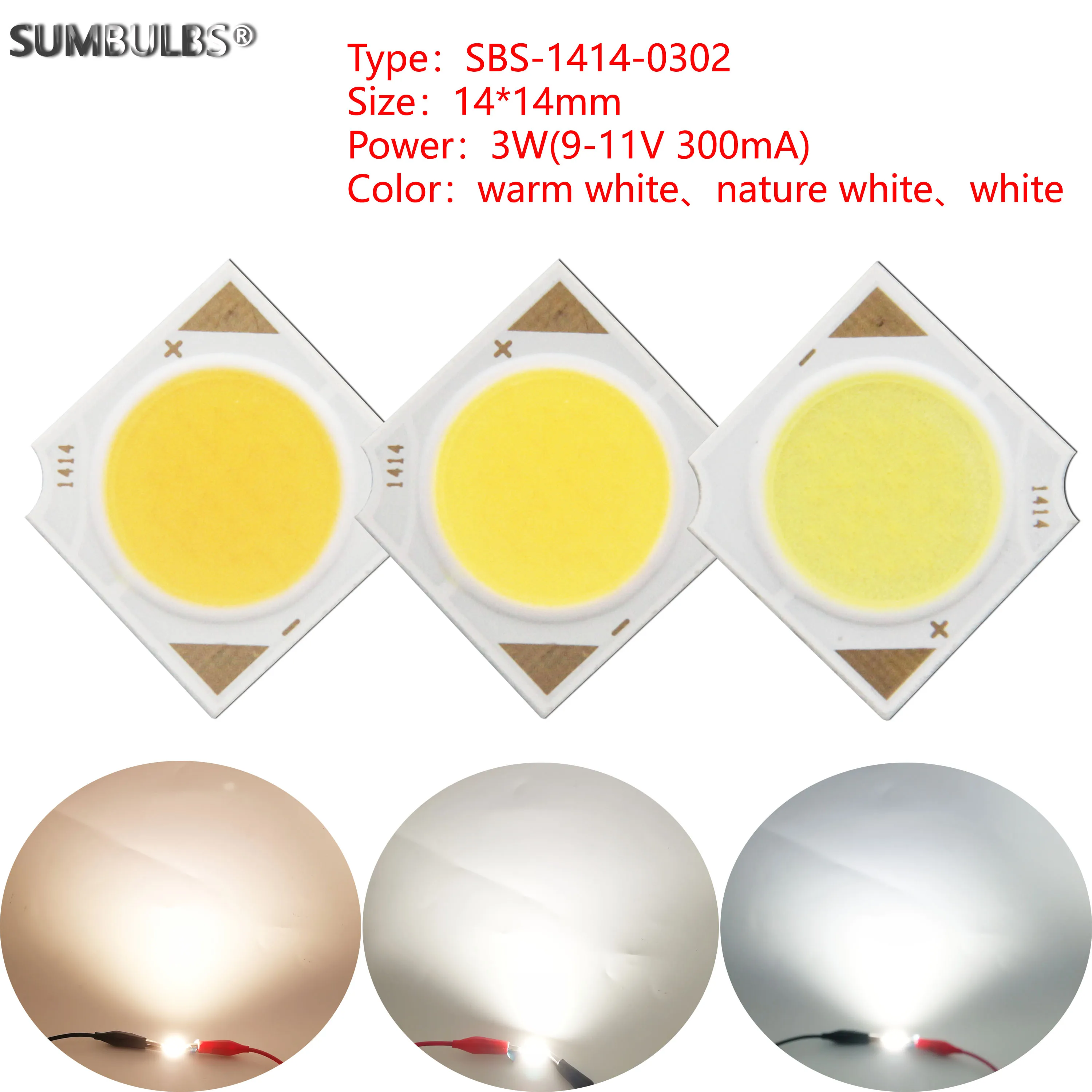 

3W 9-11v 300mA 14x14mm COB LED Light Source Epistar COB Chips Cold Warm Nature White for Spotlight Indoor Lamp