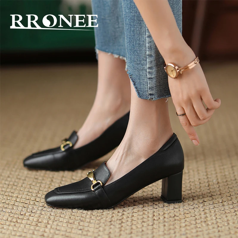 

Loafers Mid-heel leather soles for women's 2021 versatile square-toed thick heels for commuters