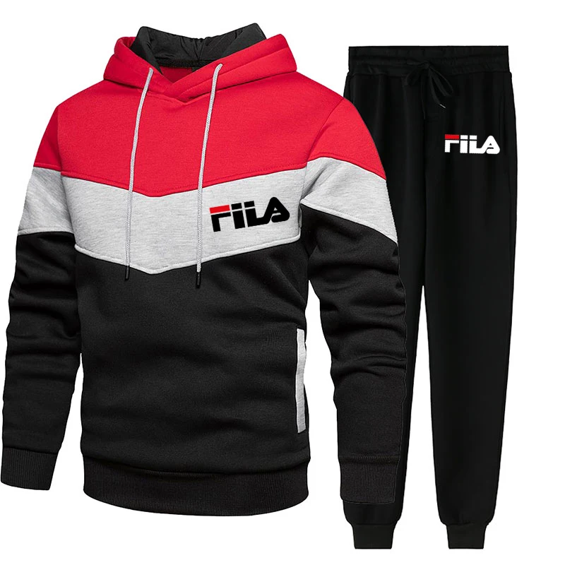 

2021 Autumn Winter Men's Sets 3 Color Patchwork Thick Fleece Hooded Hoodies+Sweatpants Sportswear Tracksuit Sweatshirt Set