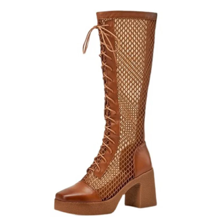 

Genuine leather thick-heeled mesh breathable net boots spring new women's boots high-heeled hollow high-tube Martin boots