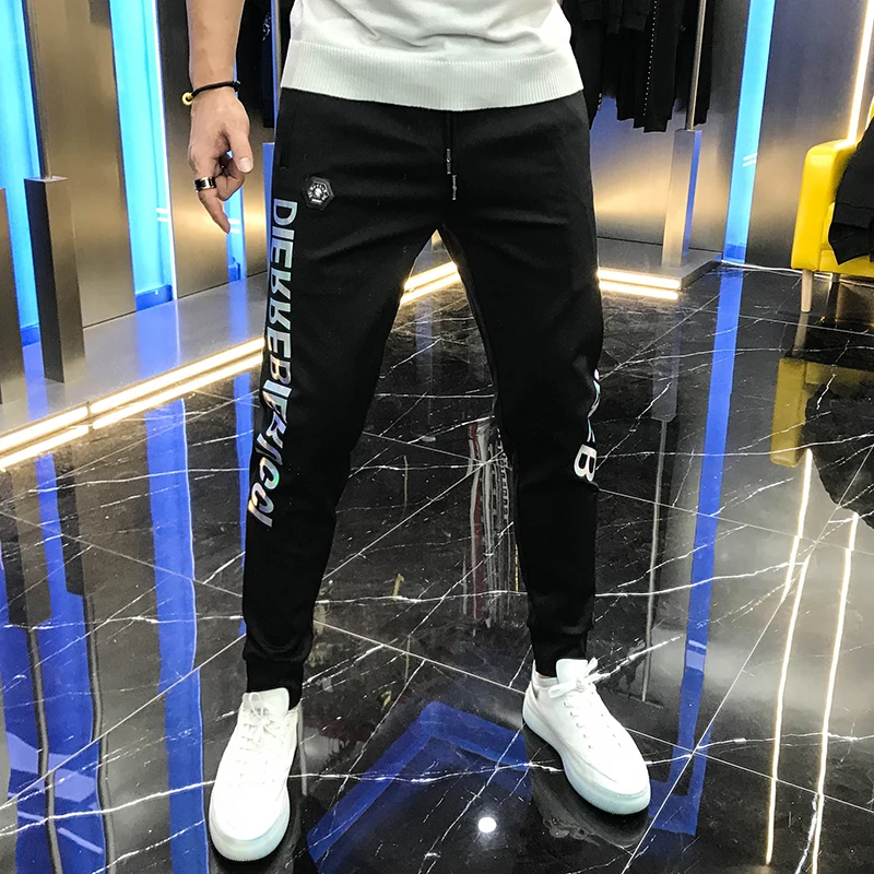European station autumn 2020 handsome badge embroidered letters color printing fashion brand Leggings slim casual pants for men | Мужская