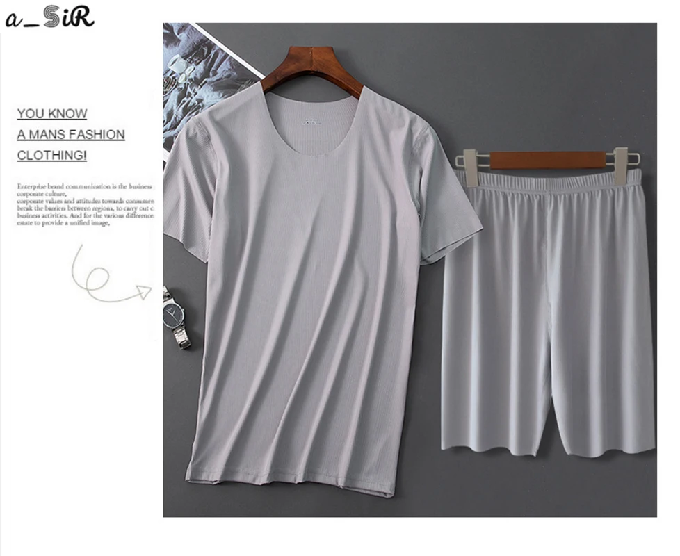 

Men Ice Silk Pajamas Solid Shirt&Pant 2PCS Pijamas Sleep Set Casual Male Home Clothes Summer New Pyjamas Sleepwear Nightwear 5XL