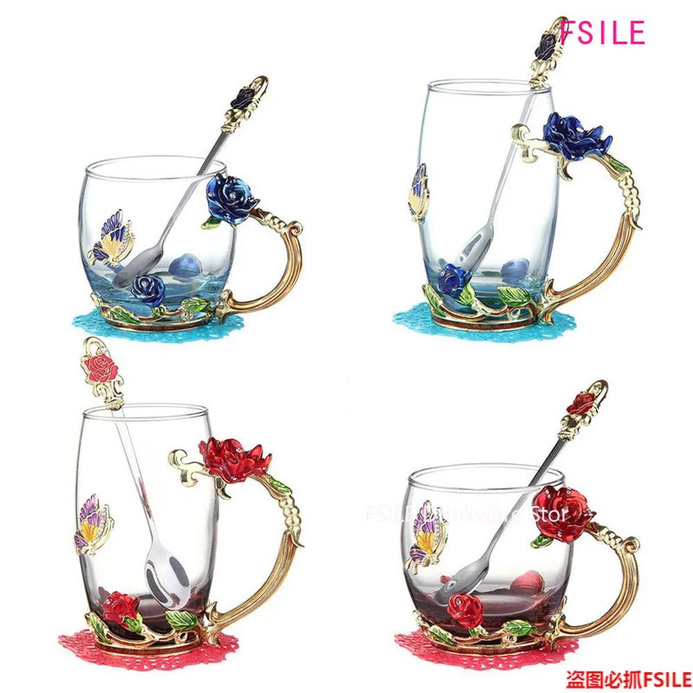 Эмалированная прозрачная стеклянная кружка для кофе чая синие розы набор