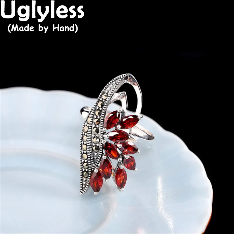 

Uglyless Irregular Geometric Rings for Women Sparkly Garnet Red Rings Exotic Marcasite Jewelry 925 Silver Exaggerated Wide Rings