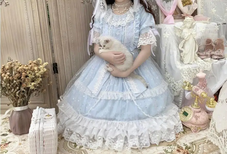 Ретро готический дворец Лолита op лоли cos сладкий платье в стиле «Лолита» летние kawaii для девочек свежий кружевной бант с О-образным вырезом платье в викторианском стиле