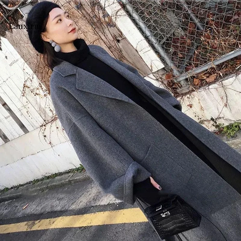 

2021 Women's Classic Wool Cashmere Blend Loose Casual Coat Lapel Lapel Belt Long Coat Jacket Warm Winter Outerwear New Fashion