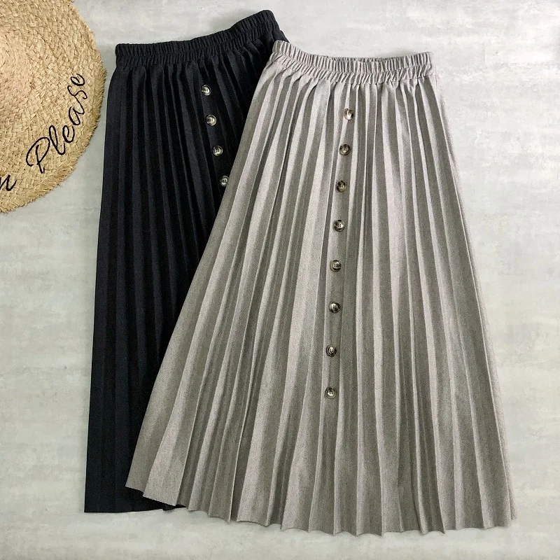 

Newest Autumn Pleated Skirt Women Single Breasted Casual Elastic Waist Midi Skirts Solid Fashon A-line Bottoms Woman Skirts