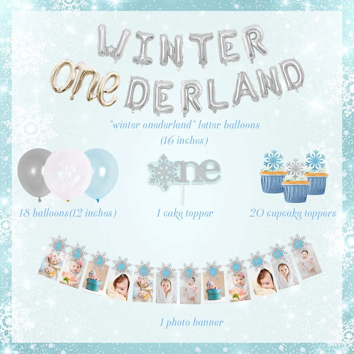 Decoraciones de fiesta de cumplea&ntilde;os para ni&ntilde;a, primer cumplea&ntilde;os, globos de invierno, cartel de foto de copo de nieve para suministros de primer cumplea&ntilde;os-2